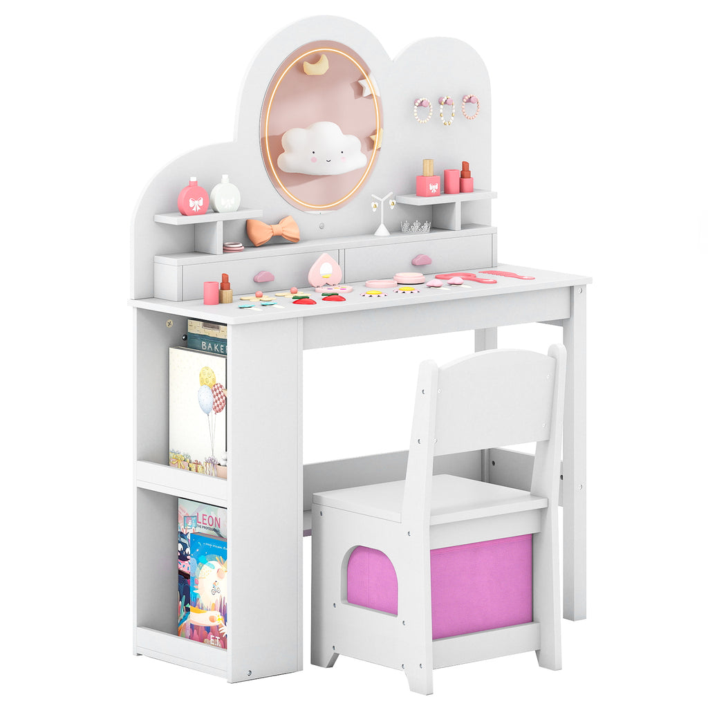 Kids Vanity with Lights & 2-Tier Bookshelf - White Princess Vanity Set with Drawers