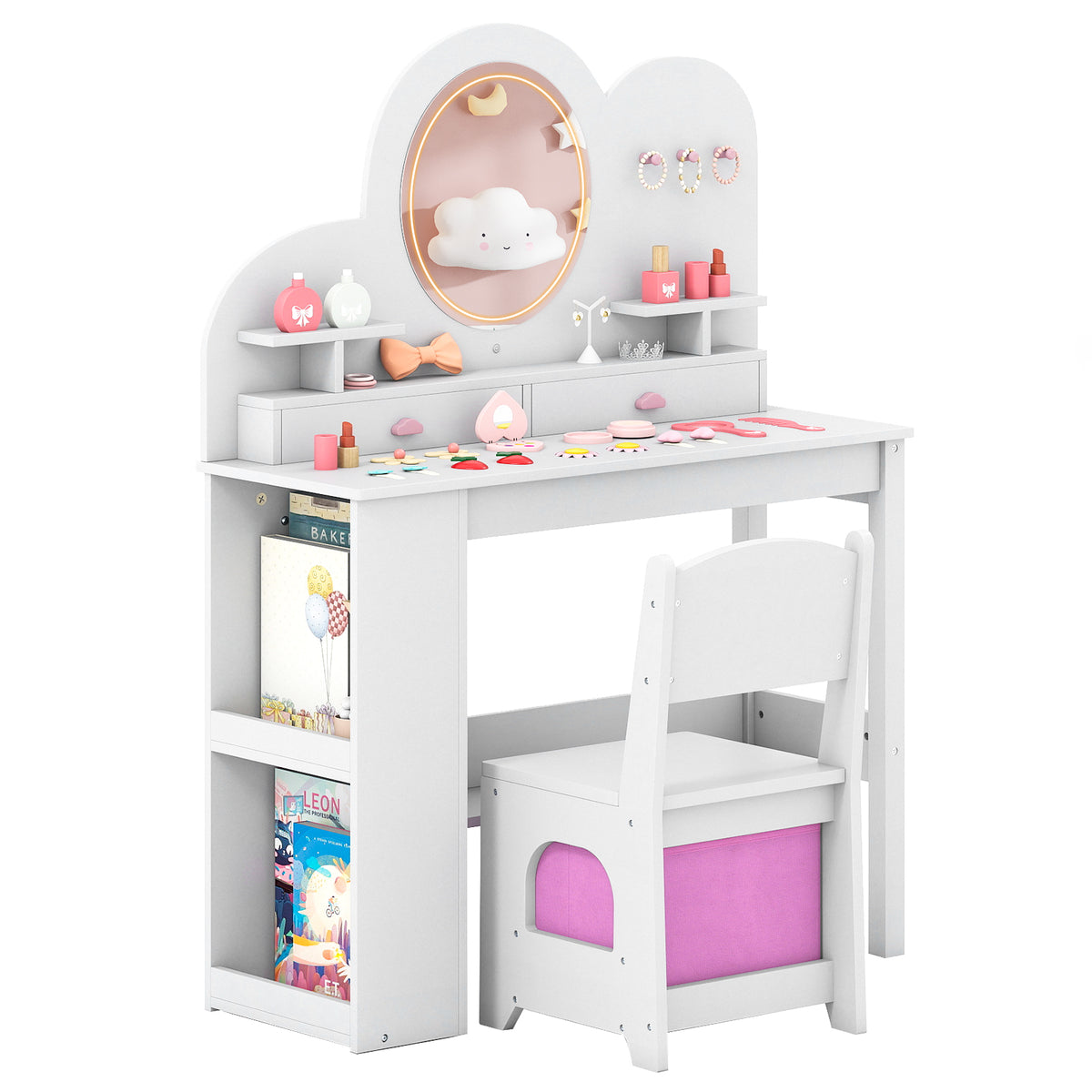 Kids Vanity with Lights & 2-Tier Bookshelf - White Princess Vanity Set with Drawers