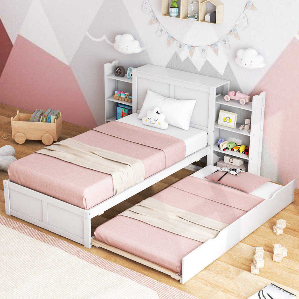 Twin Size Wooden Platform Bed with Trundle Storage – Kids