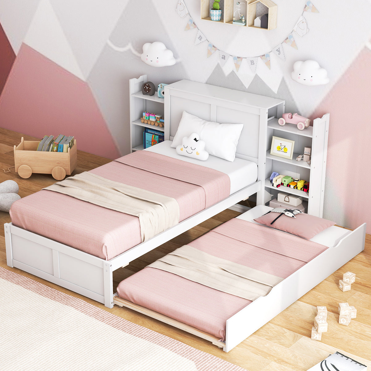 Twin Size Wooden Platform Bed with Trundle Storage – Kids