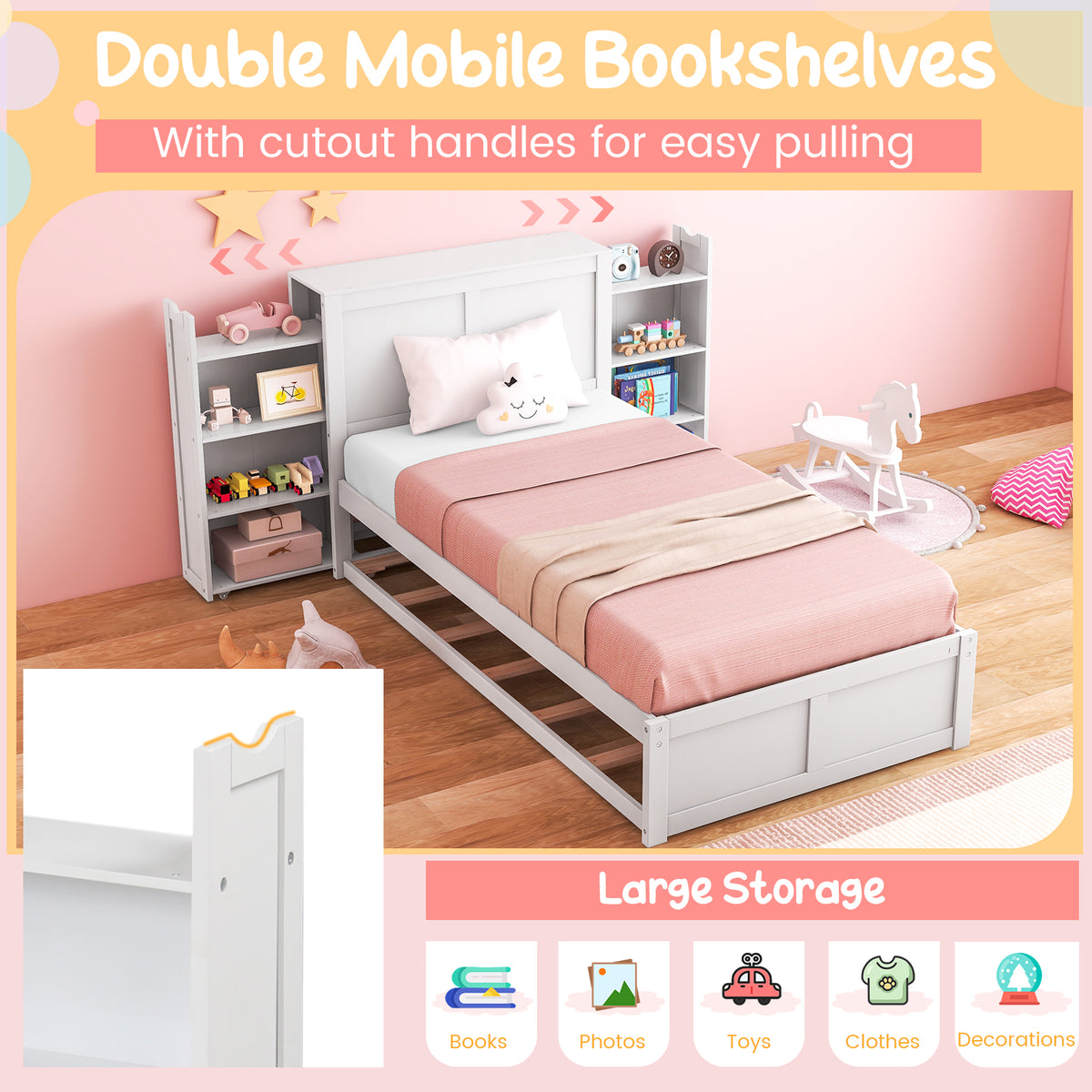 Twin Size Wooden Platform Bed with Trundle Storage – Kids