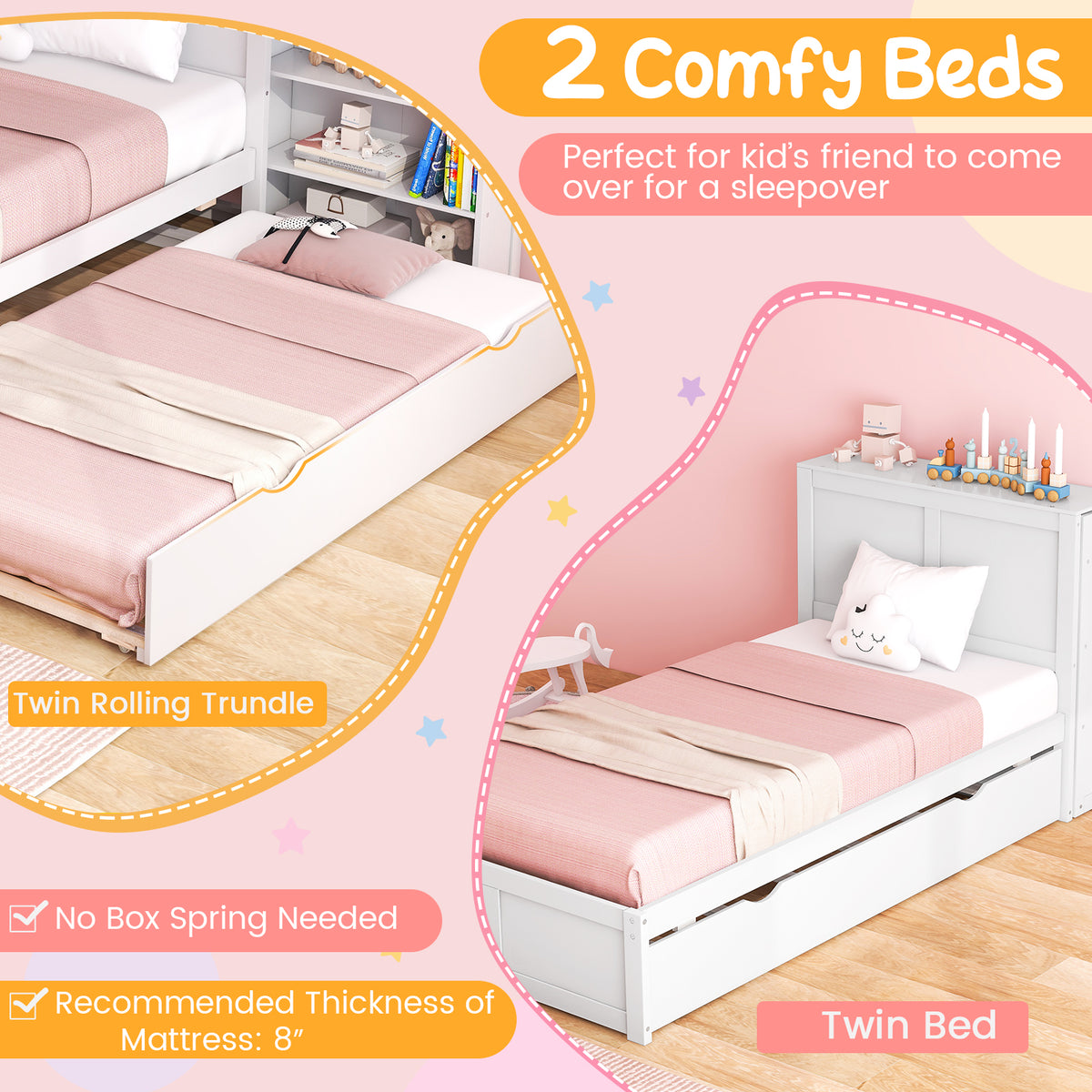 Twin Size Wooden Platform Bed with Trundle Storage – Kids