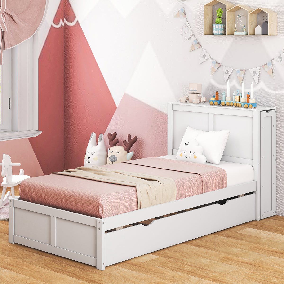 Twin Size Wooden Platform Bed with Trundle Storage – Kids