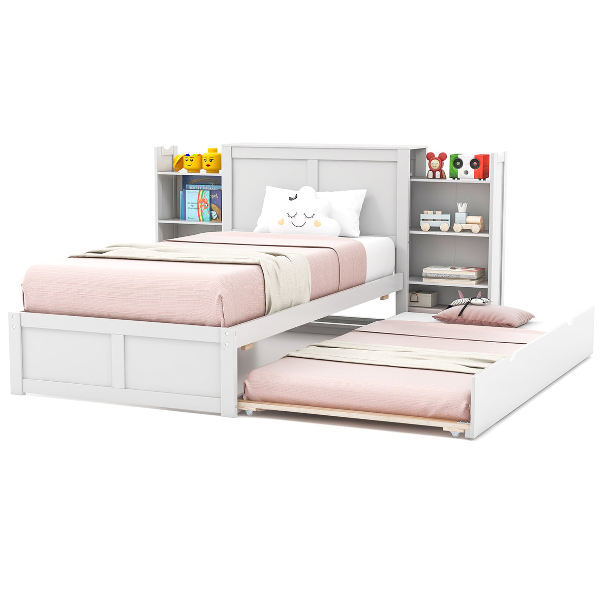 Twin Size Wooden Platform Bed with Trundle Storage – Kids