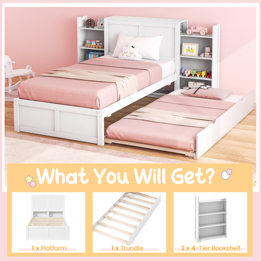 Twin Size Wooden Platform Bed with Trundle Storage – Kids