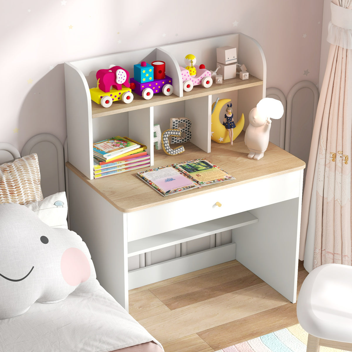 Kids Wooden Study Desk with Hutch and Drawer - Safe Durable Kids Furniture