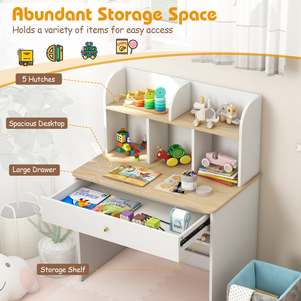 Kids Wooden Study Desk with Hutch and Drawer - Safe Durable Kids Furniture