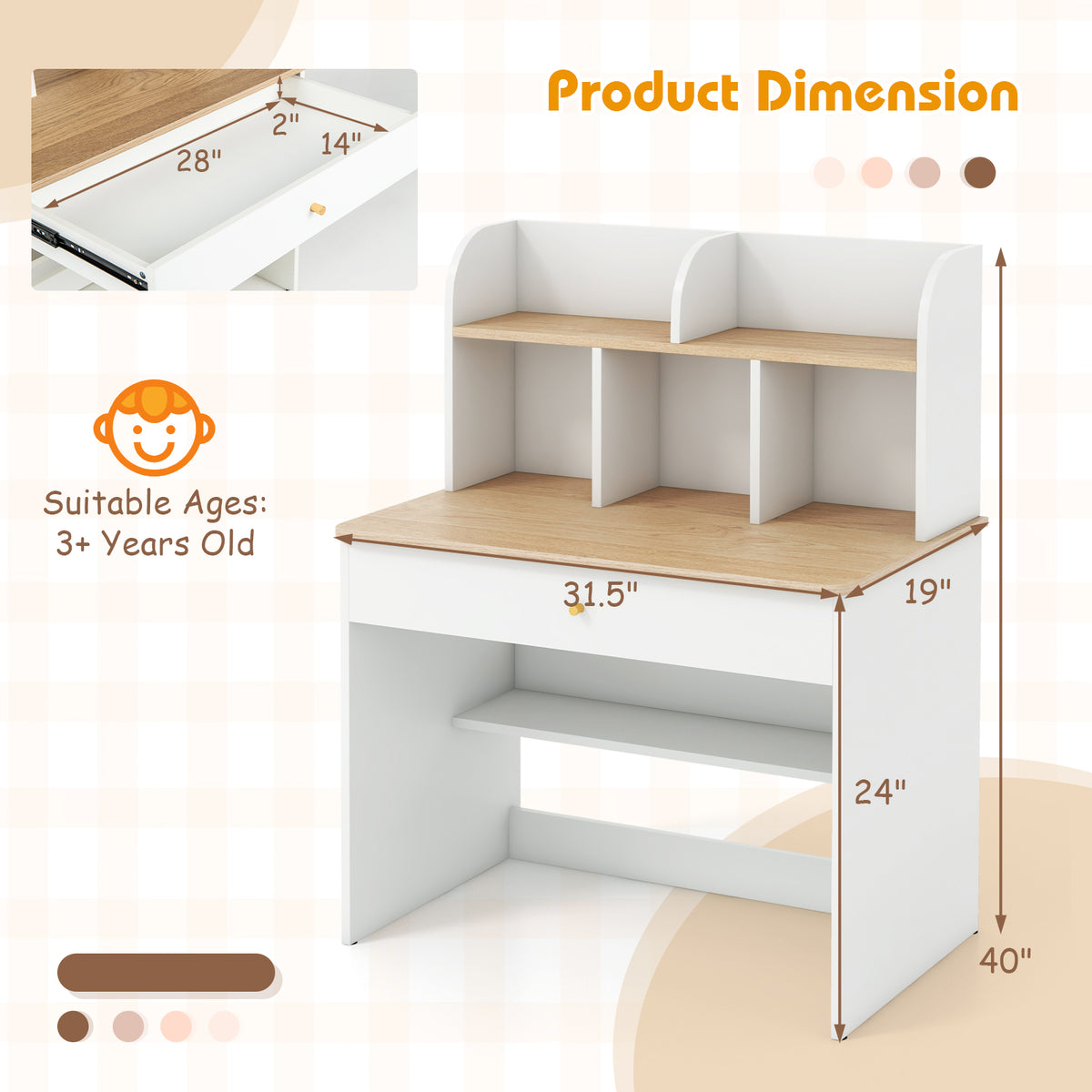 Kids Wooden Study Desk with Hutch and Drawer - Safe Durable Kids Furniture