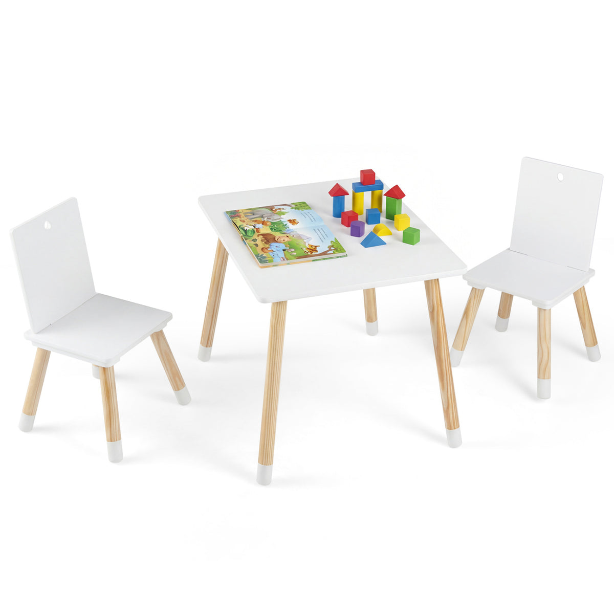 Kids Wooden Table and 2 Chairs Set - White, Durable & Safe for 3-7 Years
