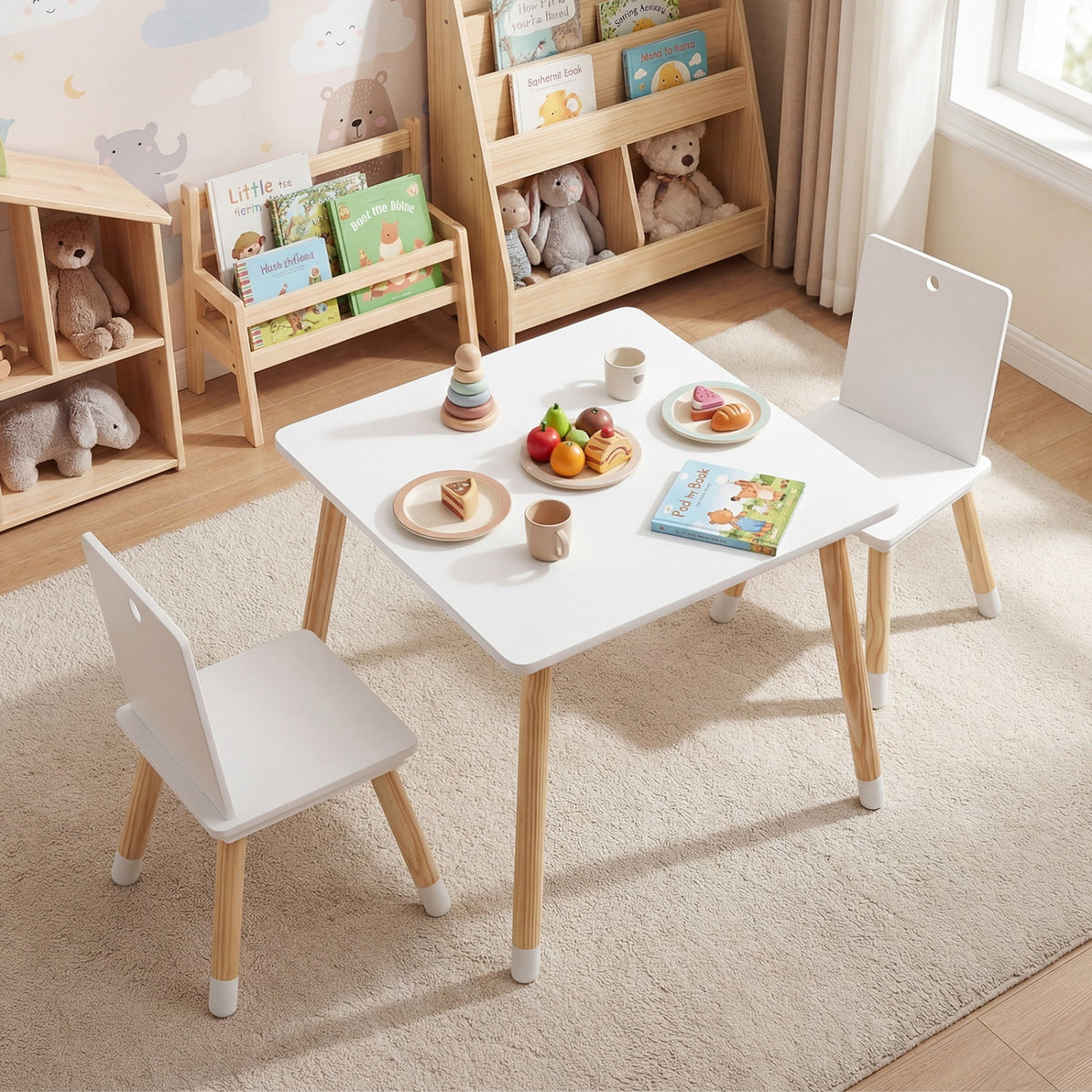 Kids Wooden Table and 2 Chairs Set - White, Durable & Safe for 3-7 Years
