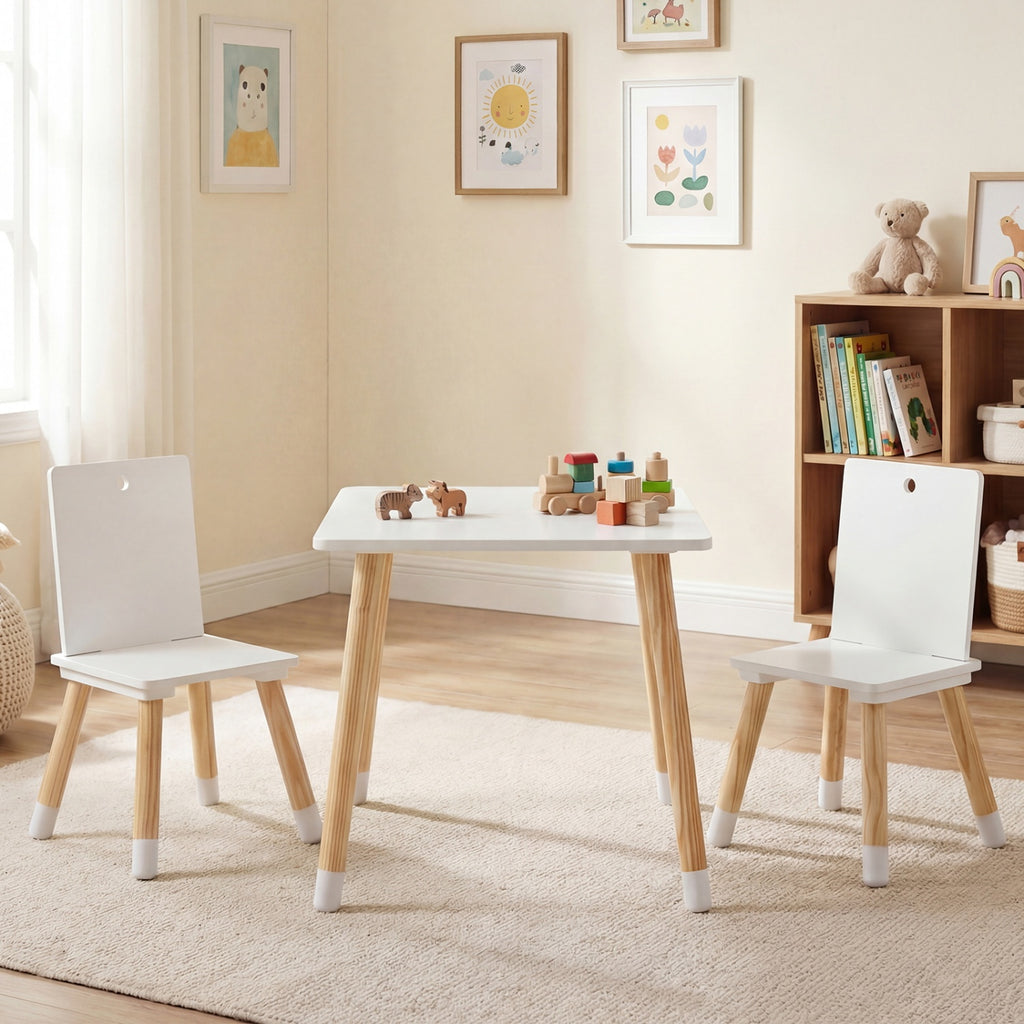 Kids Wooden Table and 2 Chairs Set - White, Durable & Safe for 3-7 Years