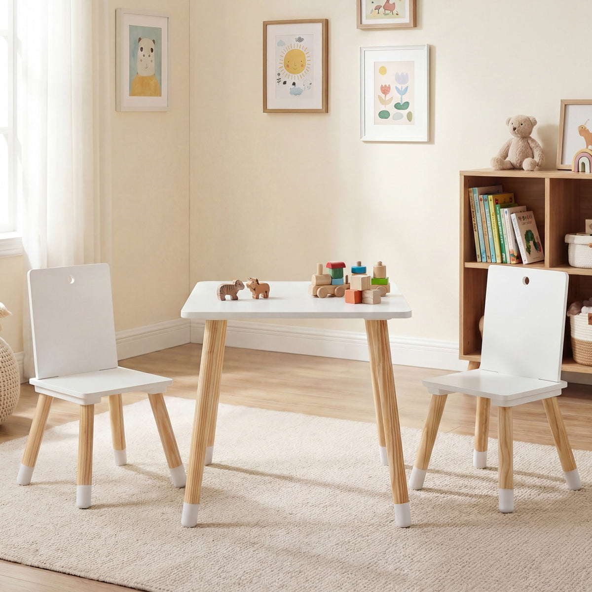 Kids Wooden Table and 2 Chairs Set - White, Durable & Safe for 3-7 Years