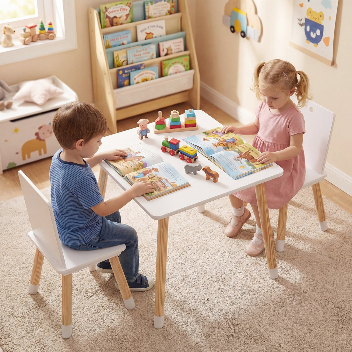Kids Wooden Table and 2 Chairs Set - White, Durable & Safe for 3-7 Years