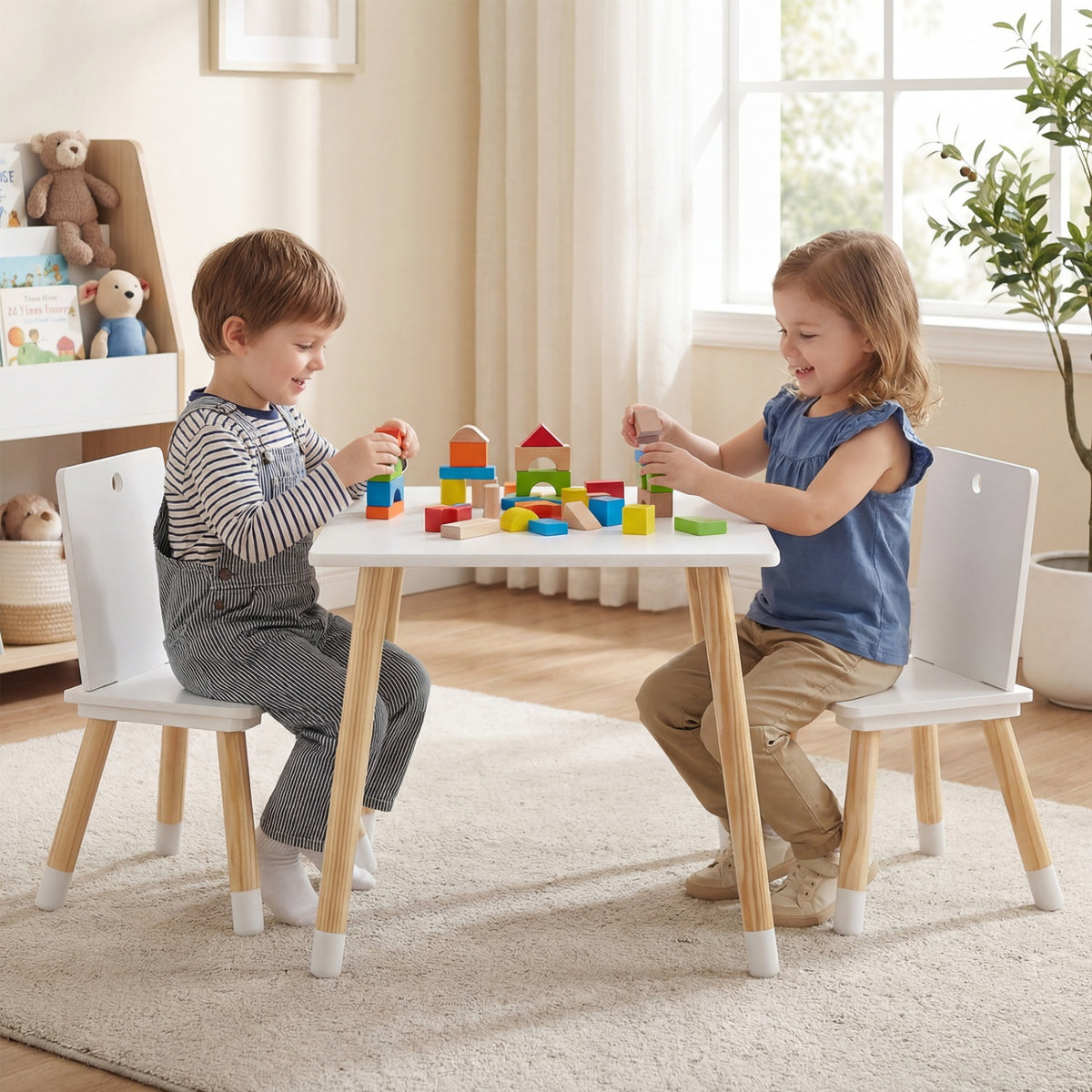 Kids Wooden Table and 2 Chairs Set - White, Durable & Safe for 3-7 Years