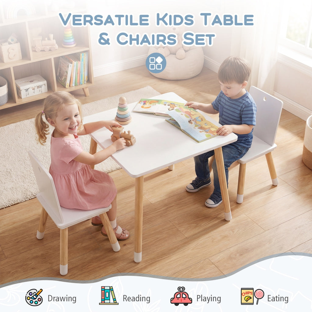Kids Wooden Table and 2 Chairs Set - White, Durable & Safe for 3-7 Years