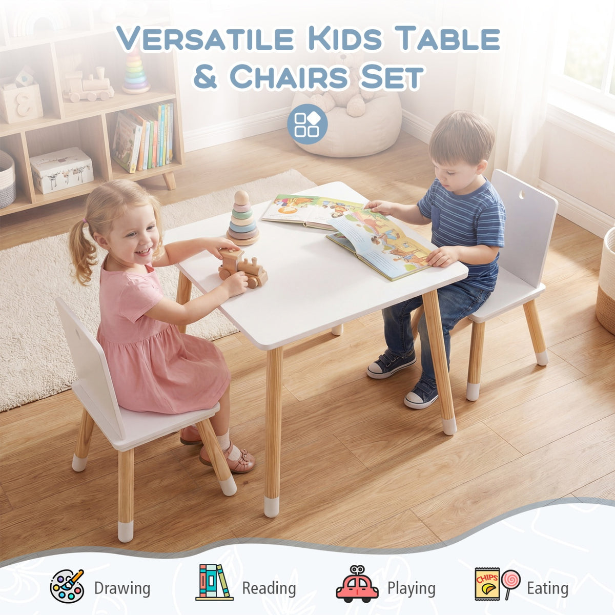 Kids Wooden Table and 2 Chairs Set - White, Durable & Safe for 3-7 Years