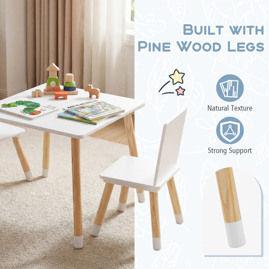 Kids Wooden Table and 2 Chairs Set - White, Durable & Safe for 3-7 Years