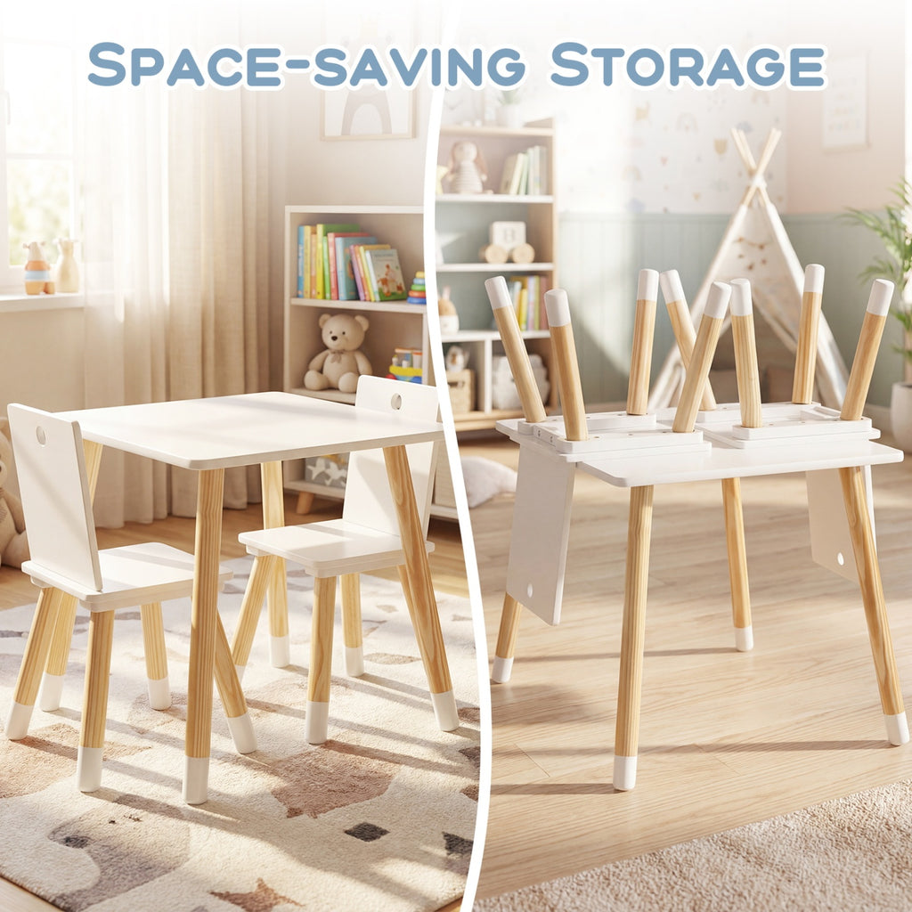 Kids Wooden Table and 2 Chairs Set - White, Durable & Safe for 3-7 Years