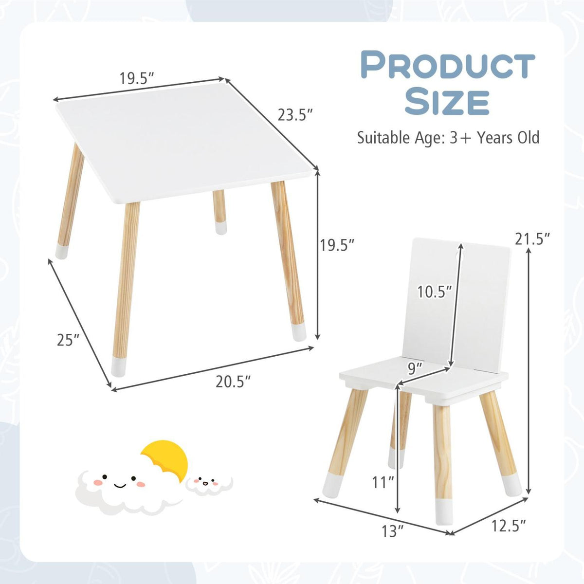 Kids Wooden Table and 2 Chairs Set - White, Durable & Safe for 3-7 Years