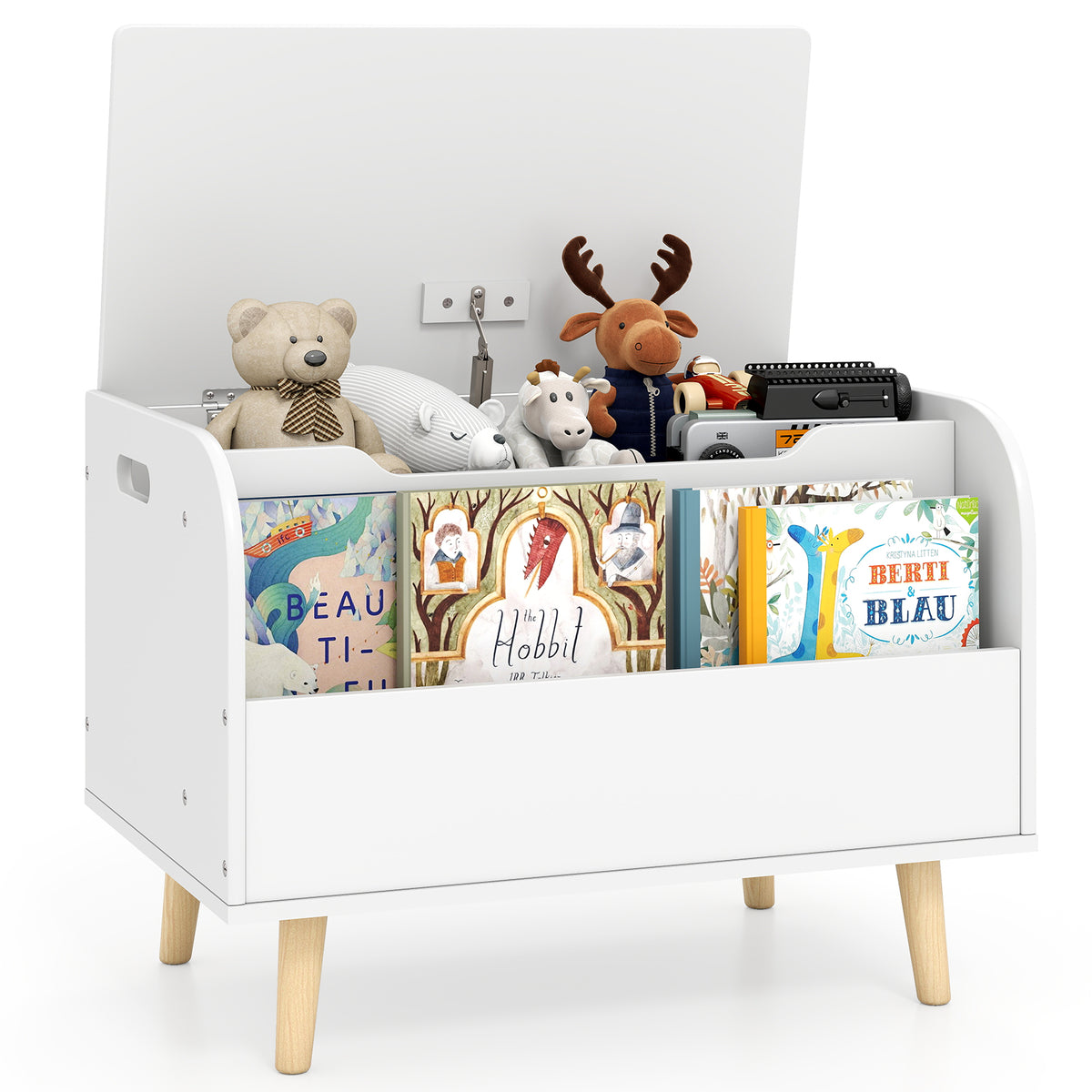 Kids Wooden Toy Box with Front Bookshelf and Solid Wood Legs - White, Variation of Front Bookshelf