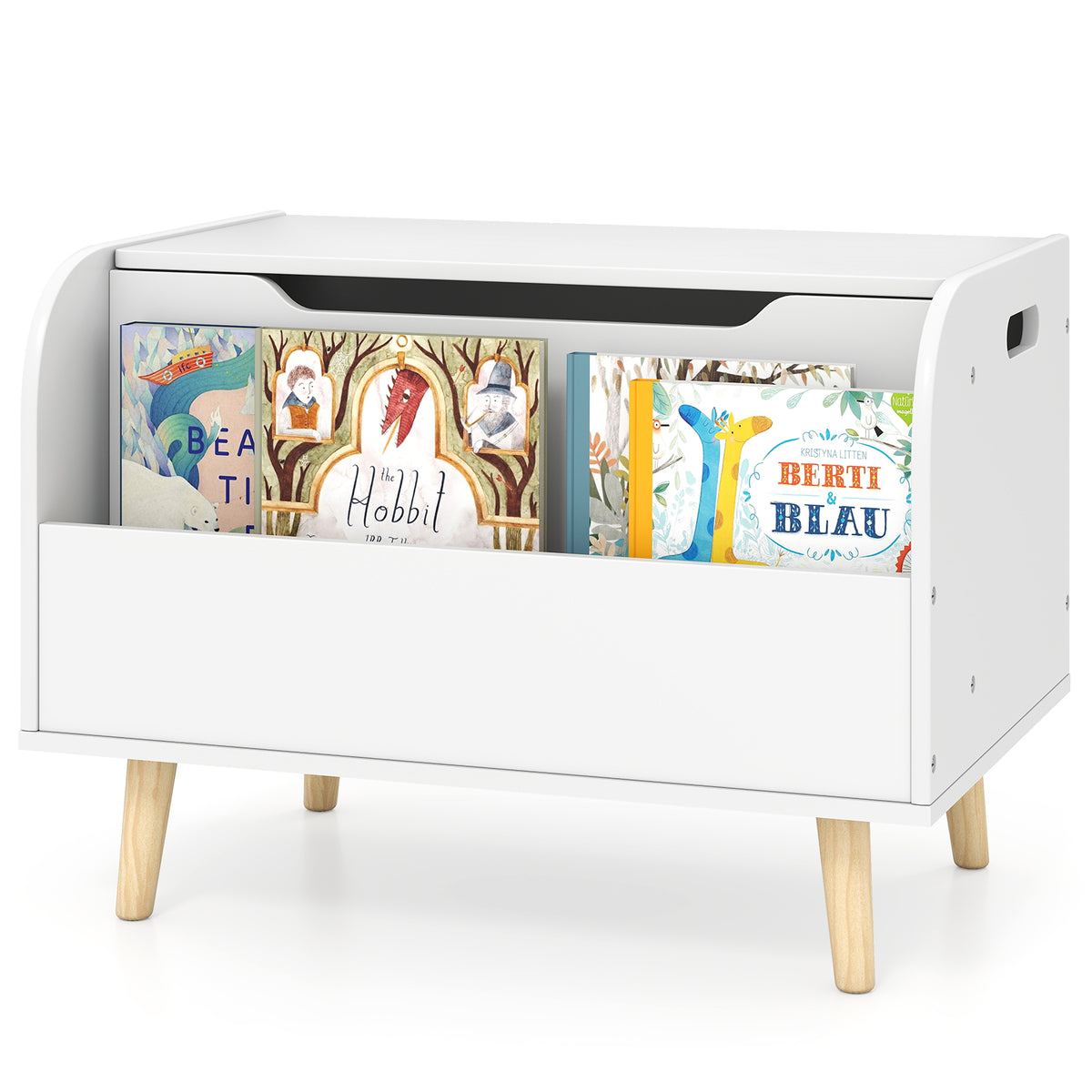 Kids Wooden Toy Box with Front Bookshelf and Solid Wood Legs - White, Variation of Front Bookshelf