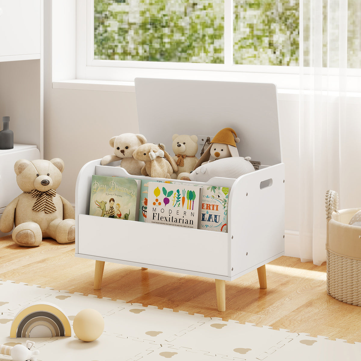 Kids Wooden Toy Box with Front Bookshelf and Solid Wood Legs - White, Variation of Front Bookshelf