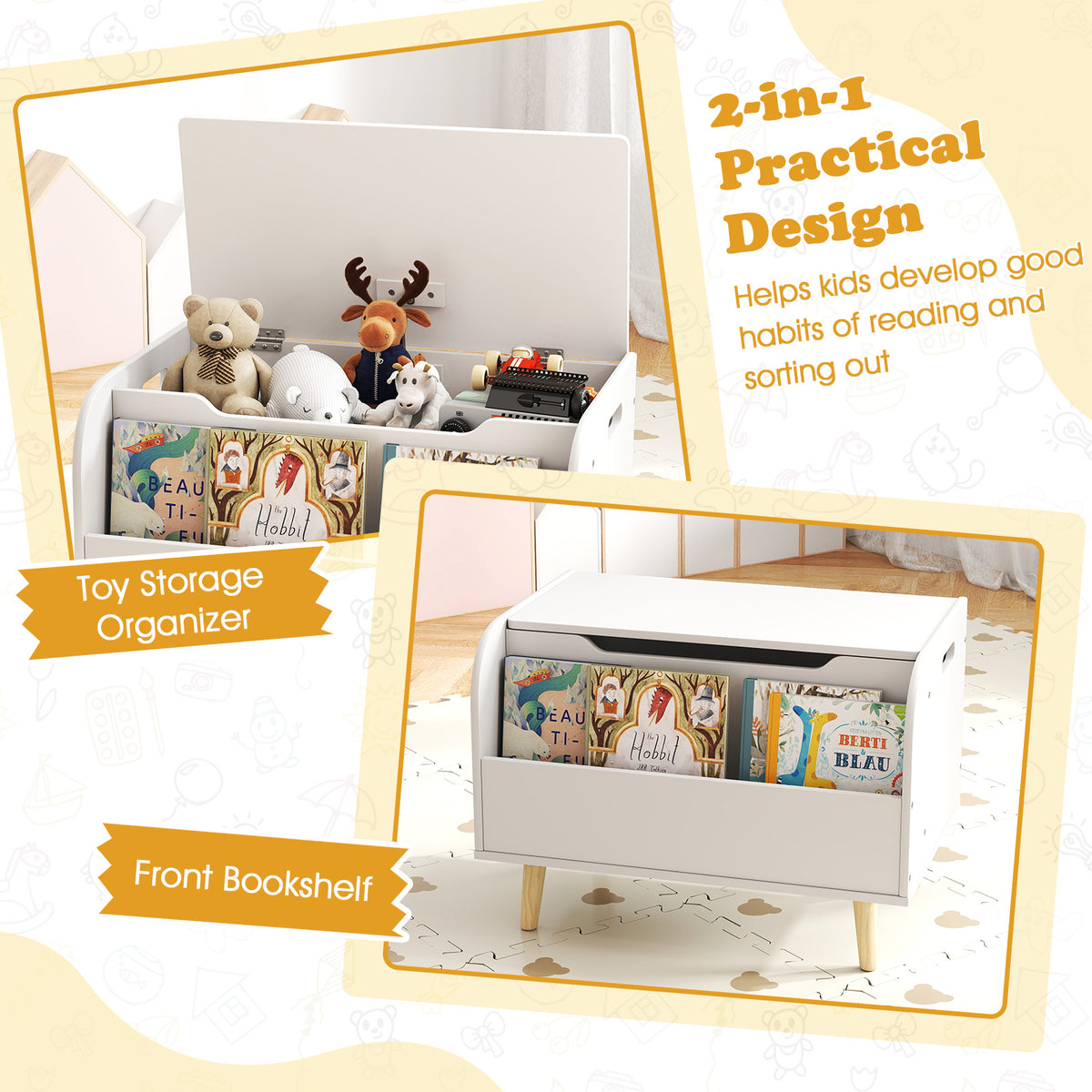 Kids Wooden Toy Box with Front Bookshelf and Solid Wood Legs - White, Variation of Front Bookshelf