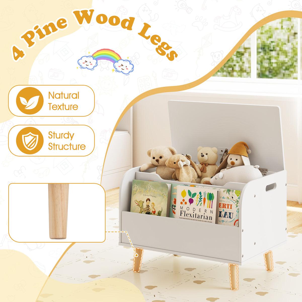 Kids Wooden Toy Box with Front Bookshelf and Solid Wood Legs - White, Variation of Front Bookshelf