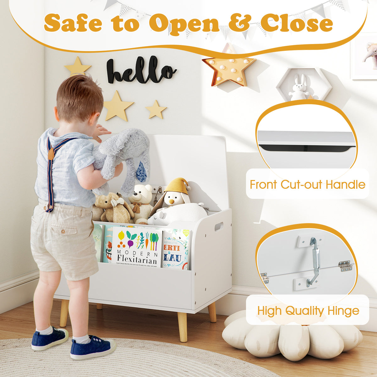 Kids Wooden Toy Box with Front Bookshelf and Solid Wood Legs - White, Variation of Front Bookshelf