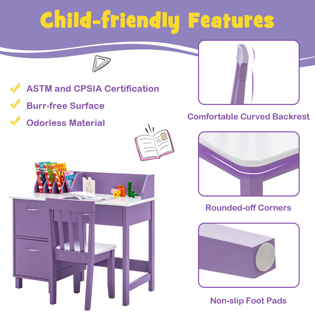 Kids Wooden Study Table and Chair Set with 3 Drawers and Storage Cabinet - Purple, Safe & Durable