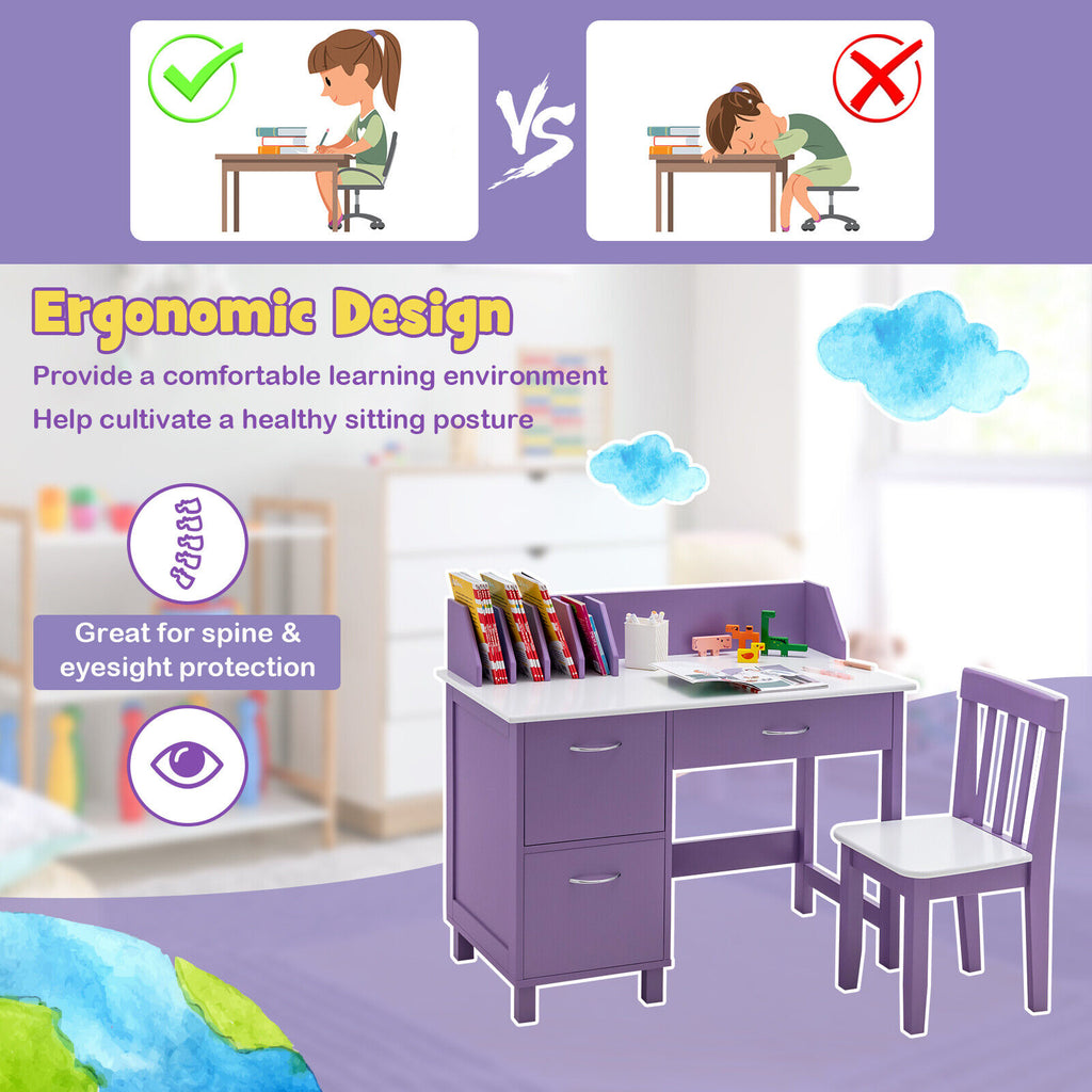 Kids Wooden Study Table and Chair Set with 3 Drawers and Storage Cabinet - Purple, Safe & Durable