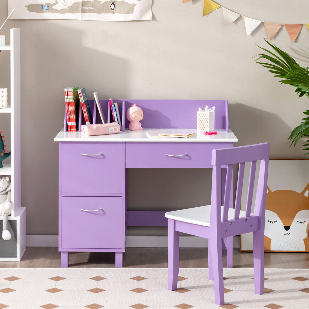 Kids Wooden Study Table and Chair Set with 3 Drawers and Storage Cabinet - Purple, Safe & Durable