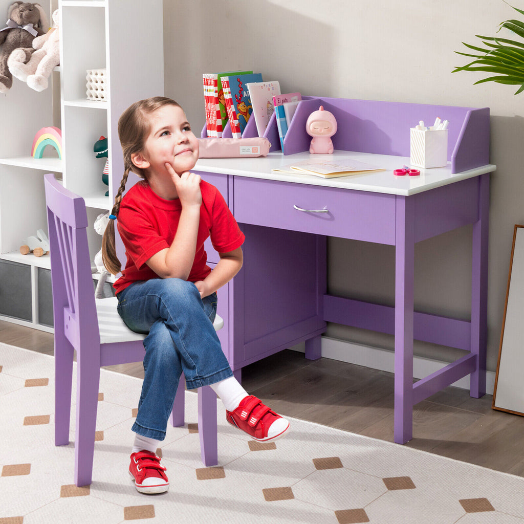 Kids Wooden Study Table and Chair Set with 3 Drawers and Storage Cabinet - Purple, Safe & Durable