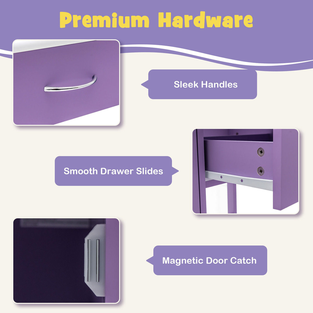Kids Wooden Study Table and Chair Set with 3 Drawers and Storage Cabinet - Purple, Safe & Durable