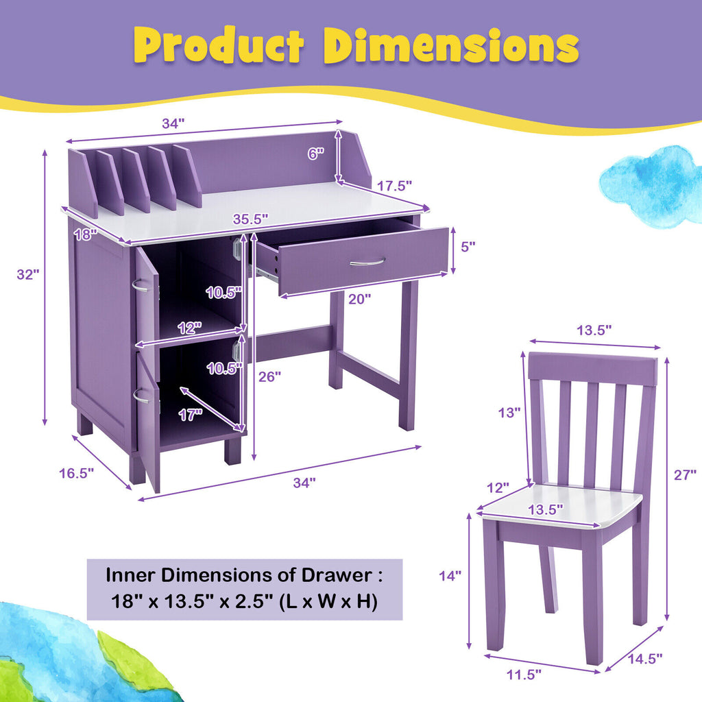 Kids Wooden Study Table and Chair Set with 3 Drawers and Storage Cabinet - Purple, Safe & Durable