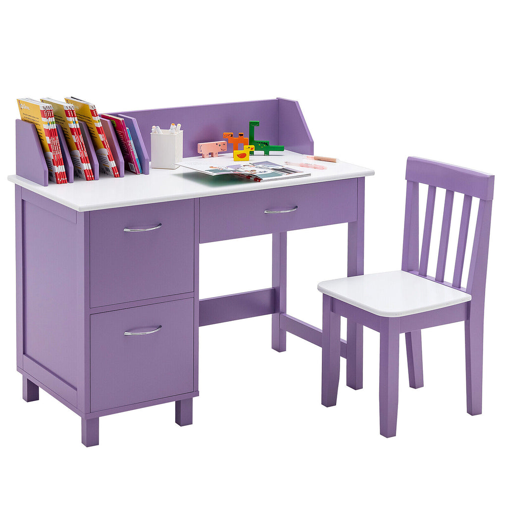 Kids Wooden Study Table and Chair Set with 3 Drawers and Storage Cabinet - Purple, Safe & Durable