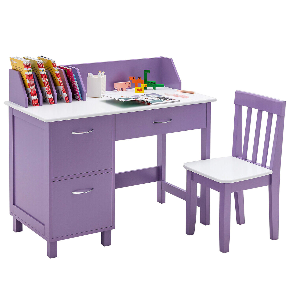 Kids Wooden Study Table and Chair Set with 3 Drawers and Storage Cabinet - Purple, Safe & Durable