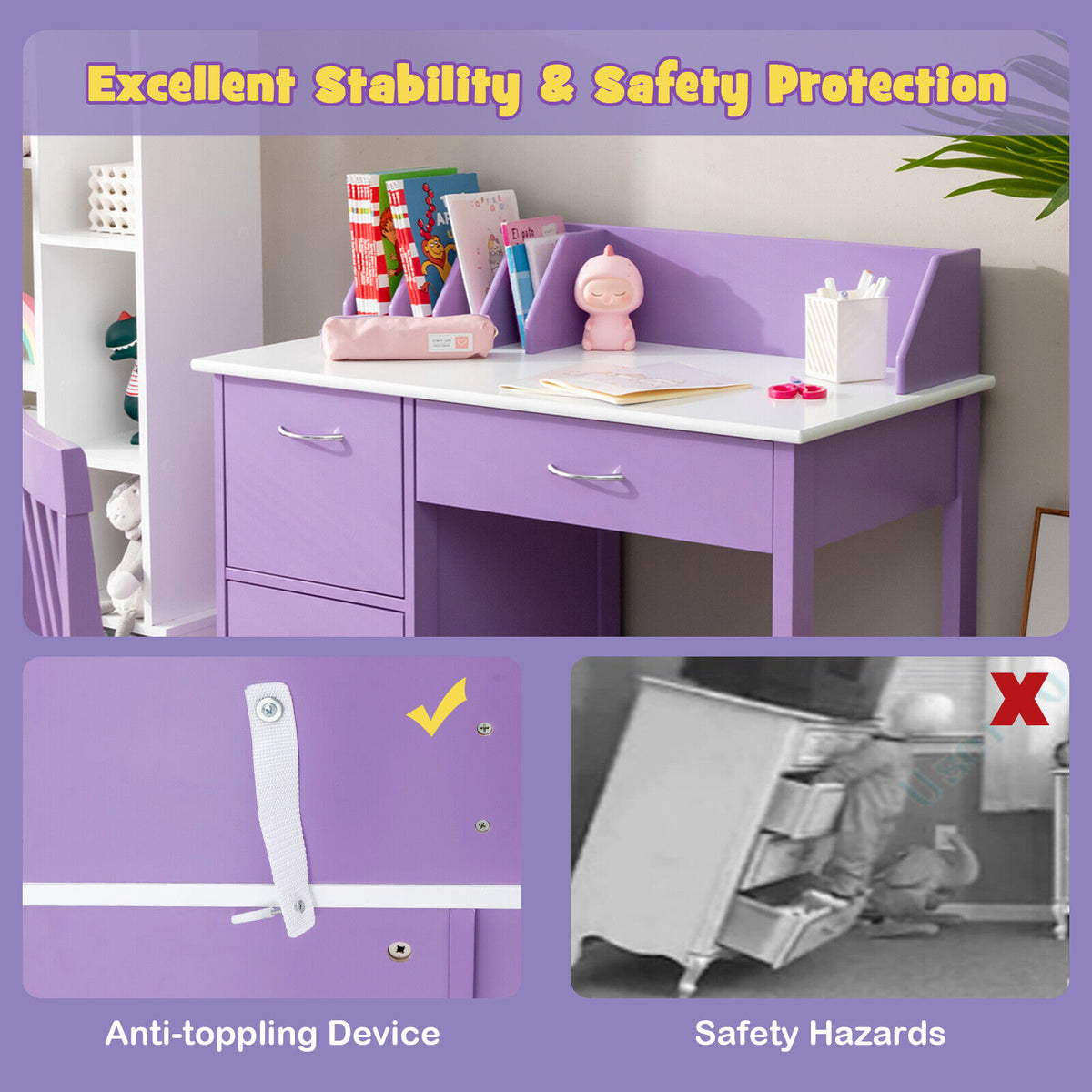Kids Wooden Study Table and Chair Set with 3 Drawers and Storage Cabinet - Purple, Safe & Durable