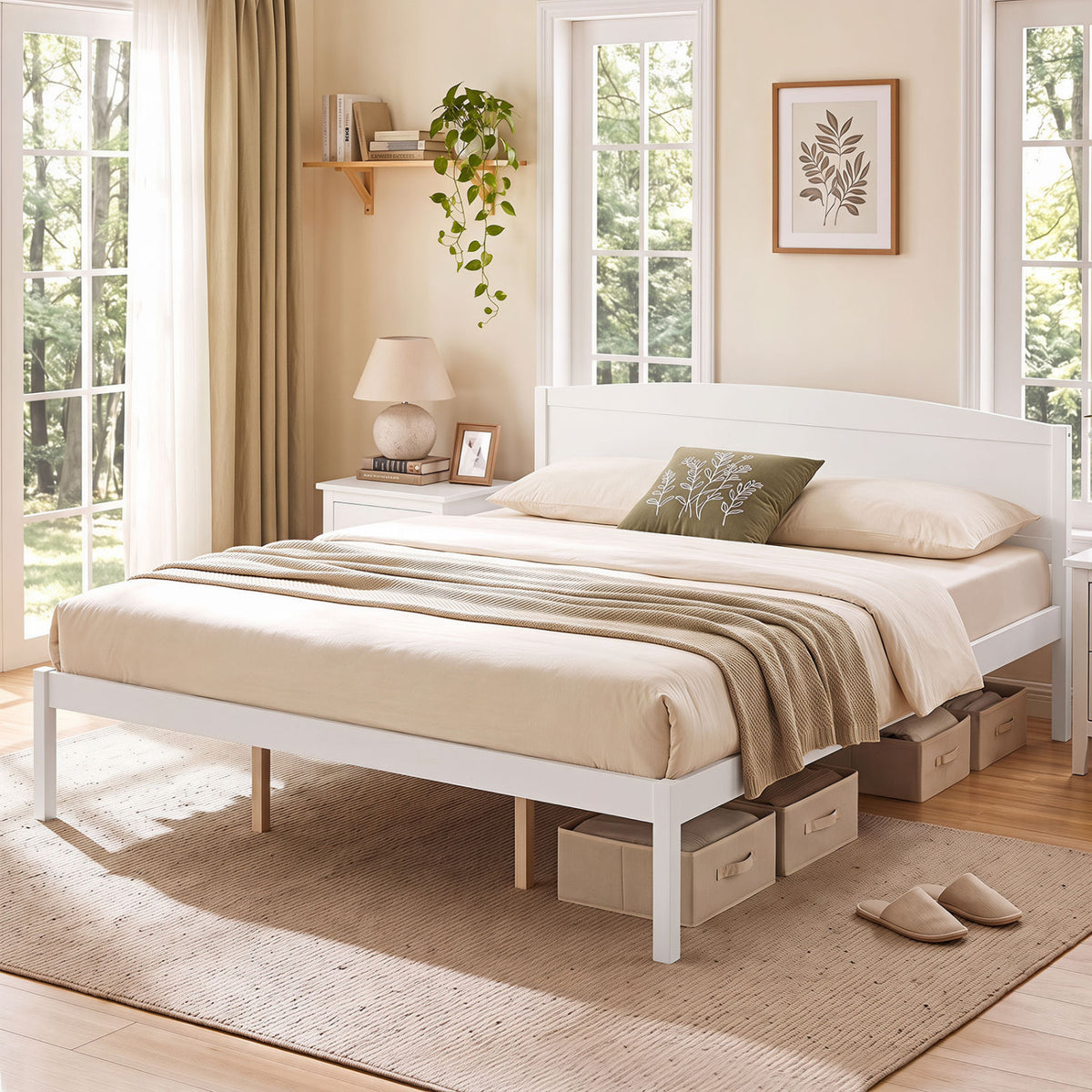 King Size Wooden Platform Bed Frame with Curved Headboard - White