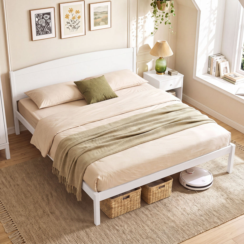 King Size Wooden Platform Bed Frame with Curved Headboard - White