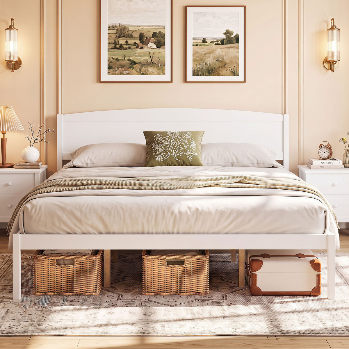 King Size Wooden Platform Bed Frame with Curved Headboard - White