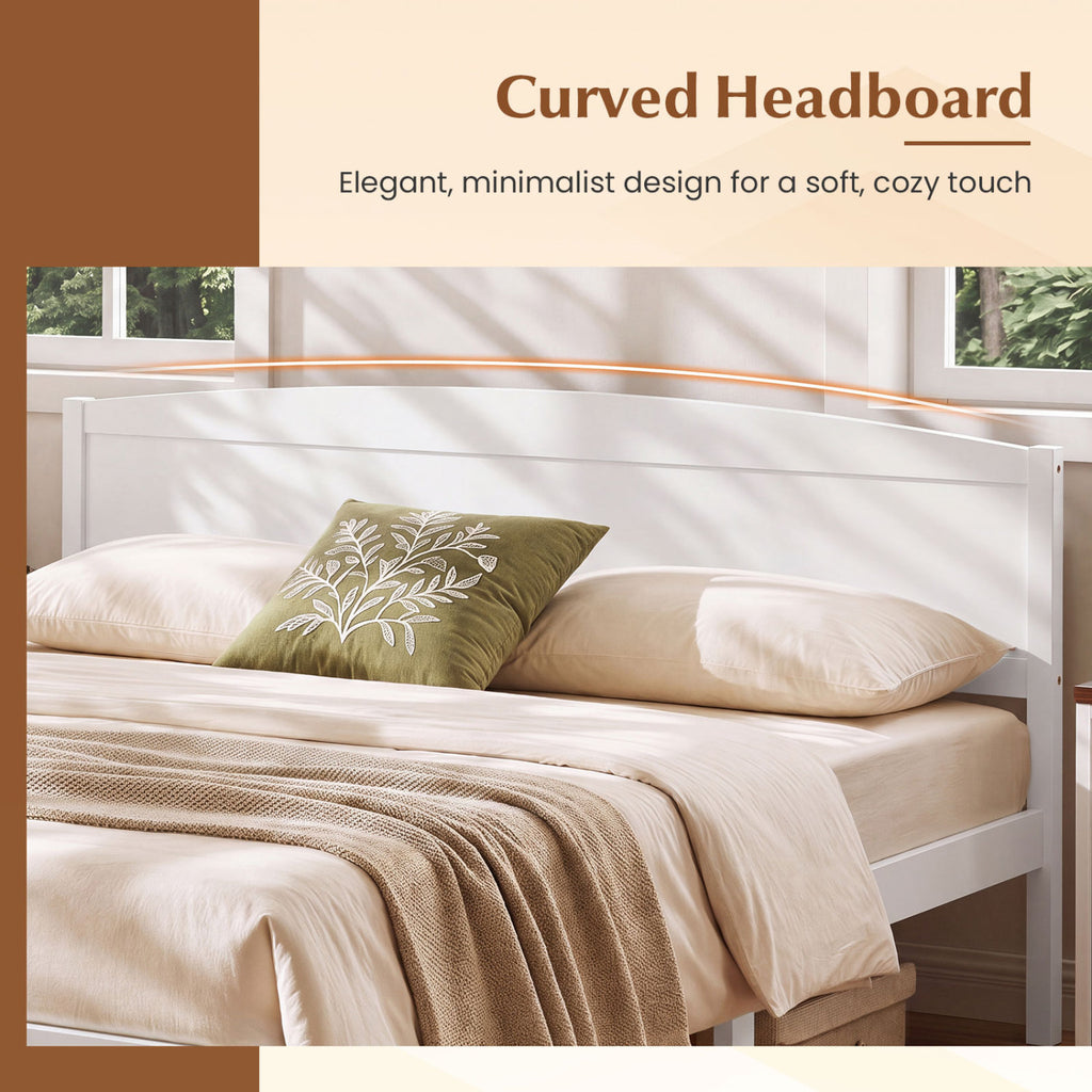 King Size Wooden Platform Bed Frame with Curved Headboard - White