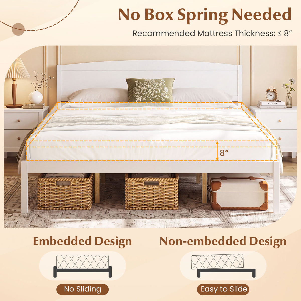King Size Wooden Platform Bed Frame with Curved Headboard - White