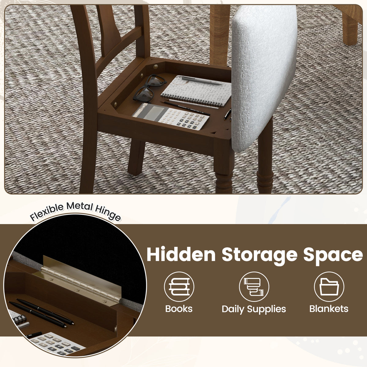 2-Piece Kitchen Dining Chair with Storage - Brown