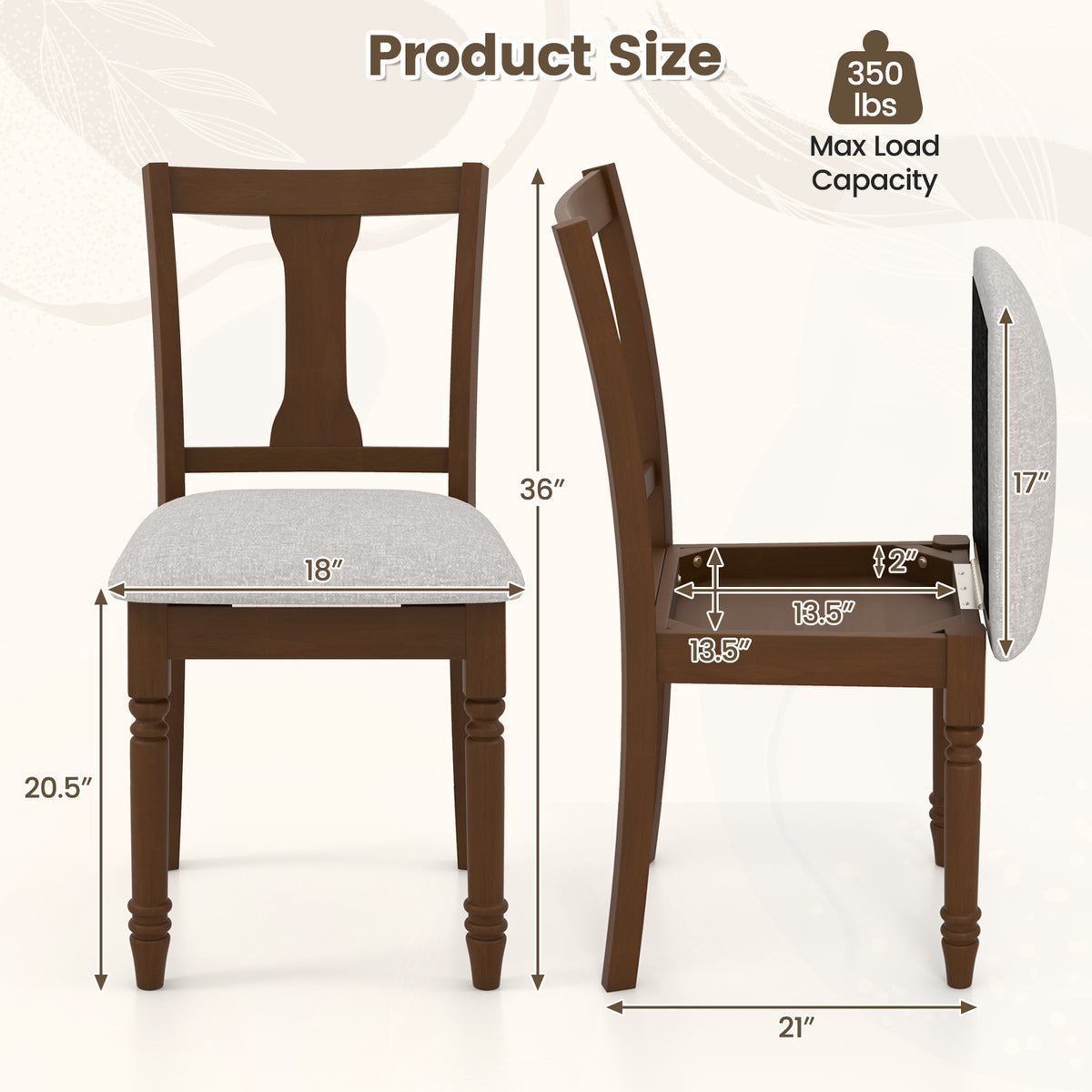 2-Piece Kitchen Dining Chair with Storage - Brown