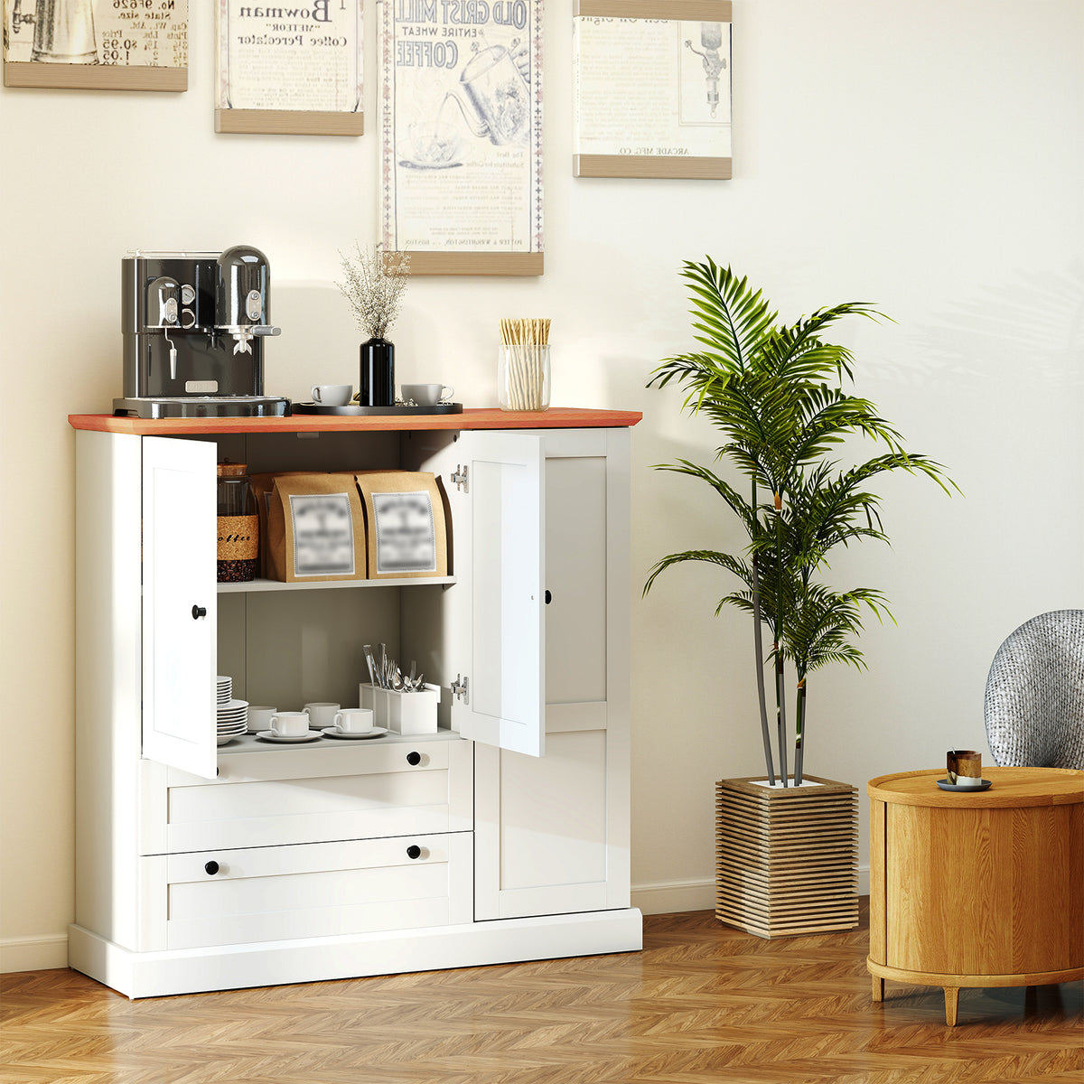 47.5 Inch Kitchen Storage Cabinet 3 Doors 2 Drawers - White