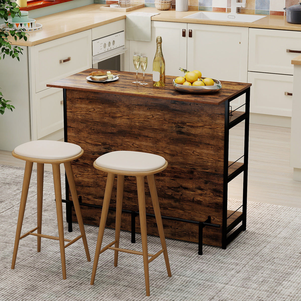 4-Tier Kitchen Island with Wine Rack & Glass Holder - Coffee