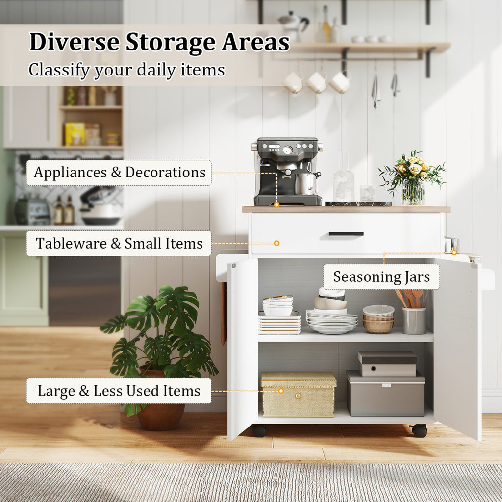 Kitchen Island Cart with Drawer and Storage - White