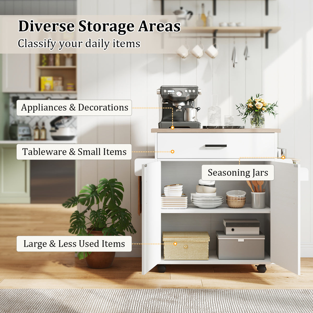 Kitchen Island Cart with Drawer and Storage - White