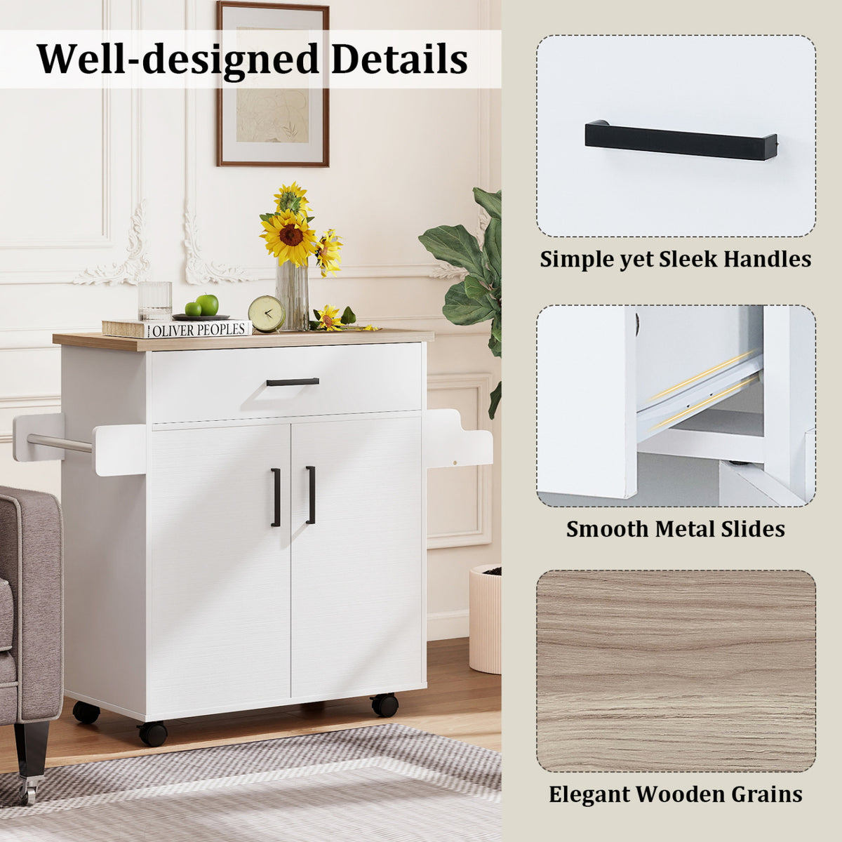 Kitchen Island Cart with Drawer and Storage - White
